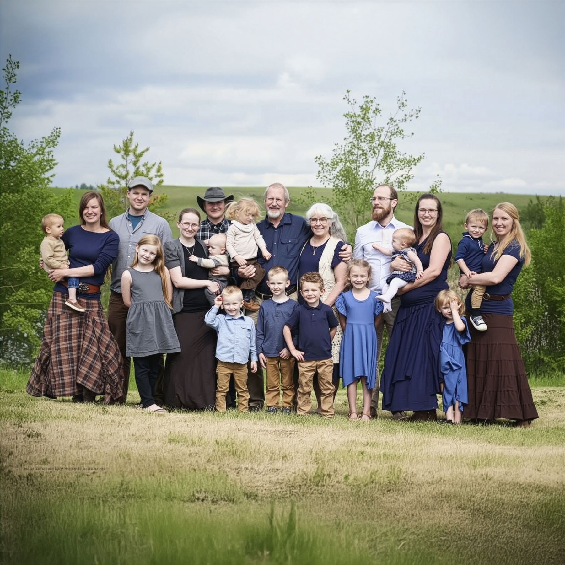 Family portrait of a large group of people standing outdoors in a field with trees in the background.