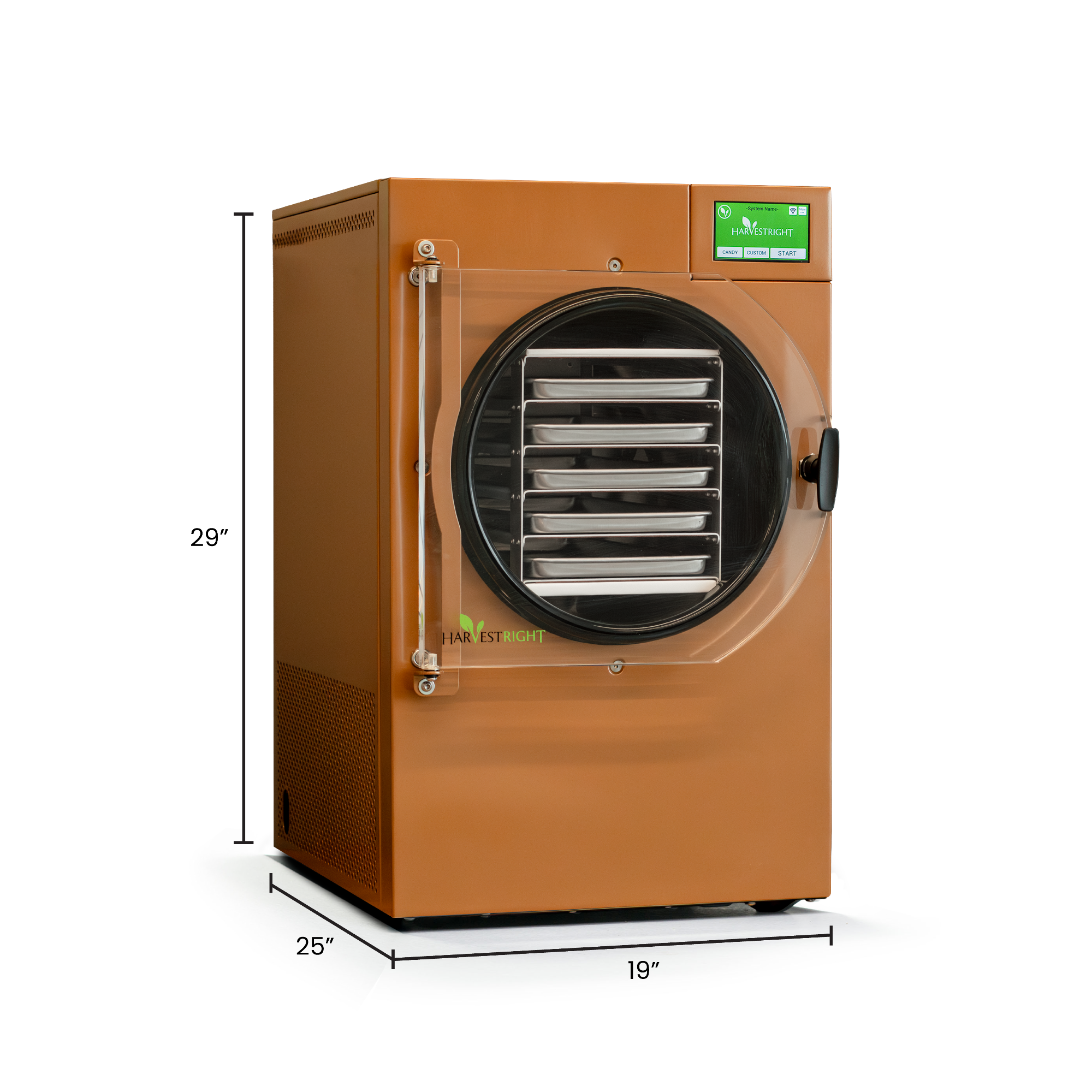 Brown Harvest Right freeze dryer with dimensions labeled on a white background