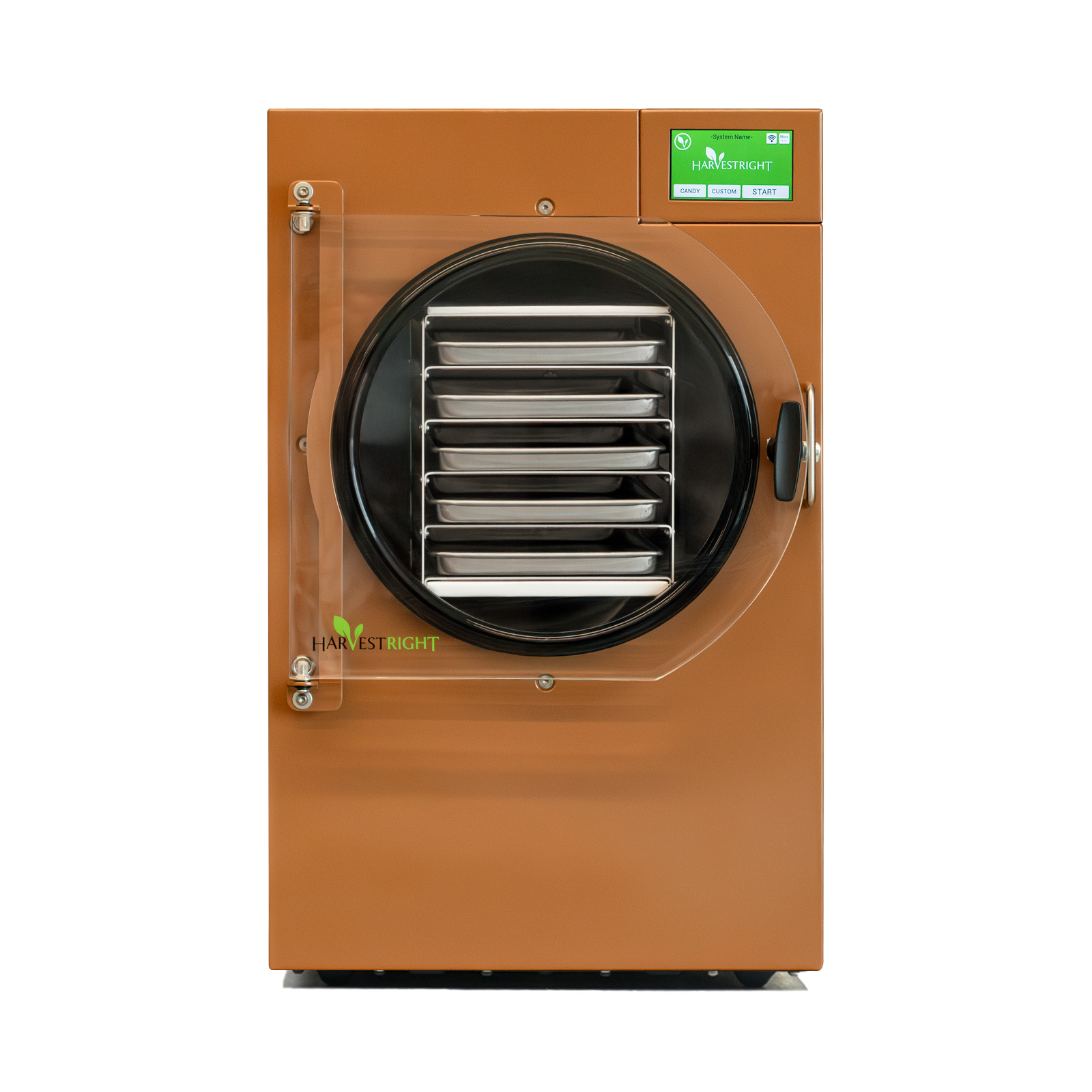 Brown freeze dryer with transparent door on a white background