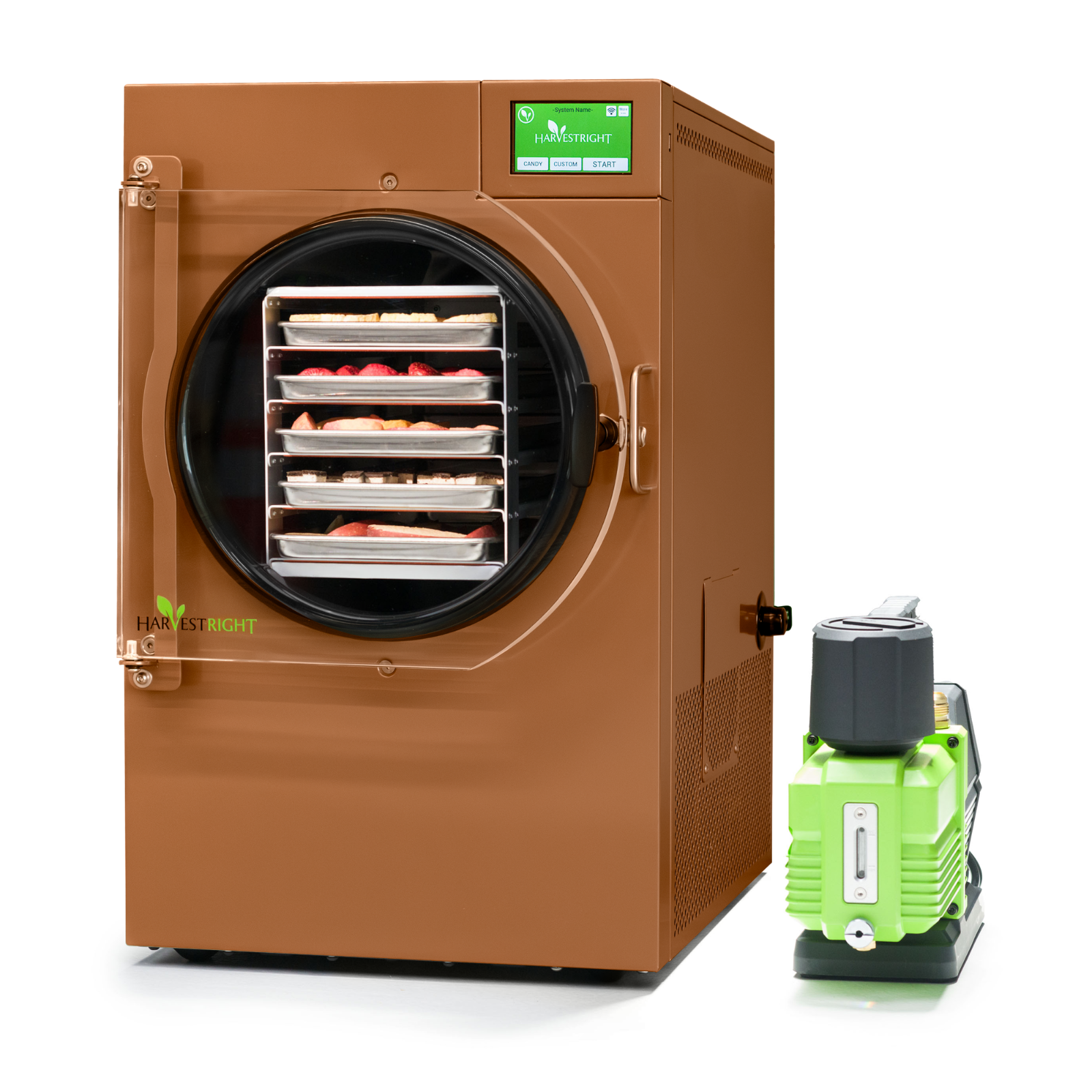 Brown Harvest Right Freeze dryer with green control panel and a small green pump