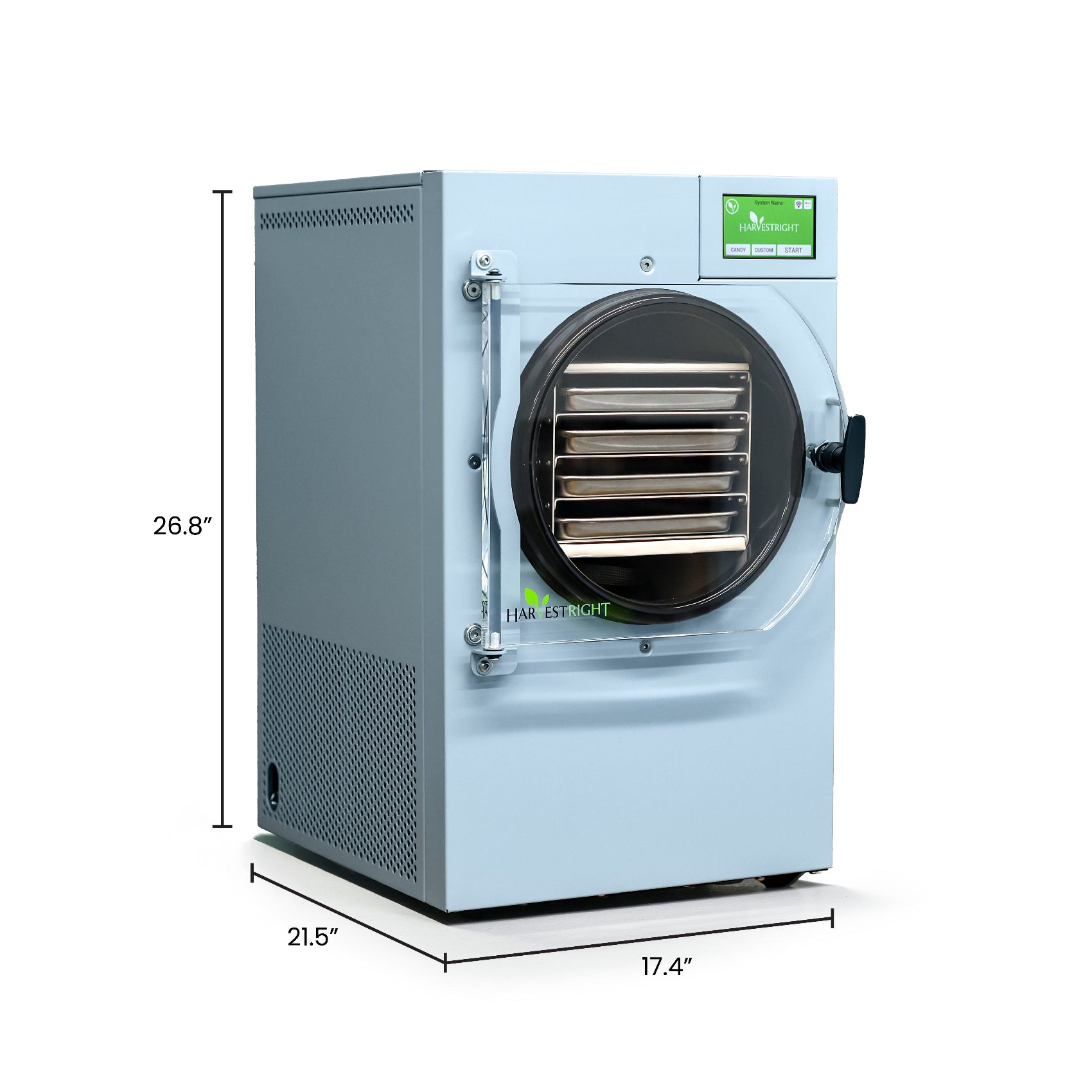 Commercial freeze dryer with dimensions labeled on a white background