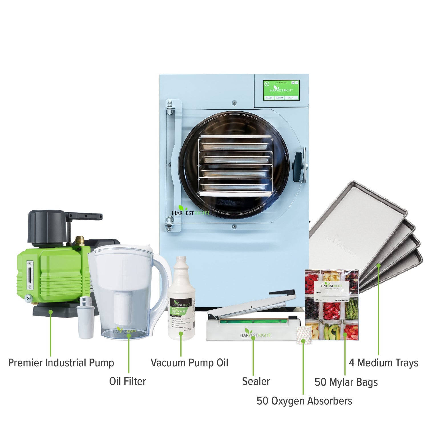 Harvest Right freeze dryer and supplies with labeled items on a white background.