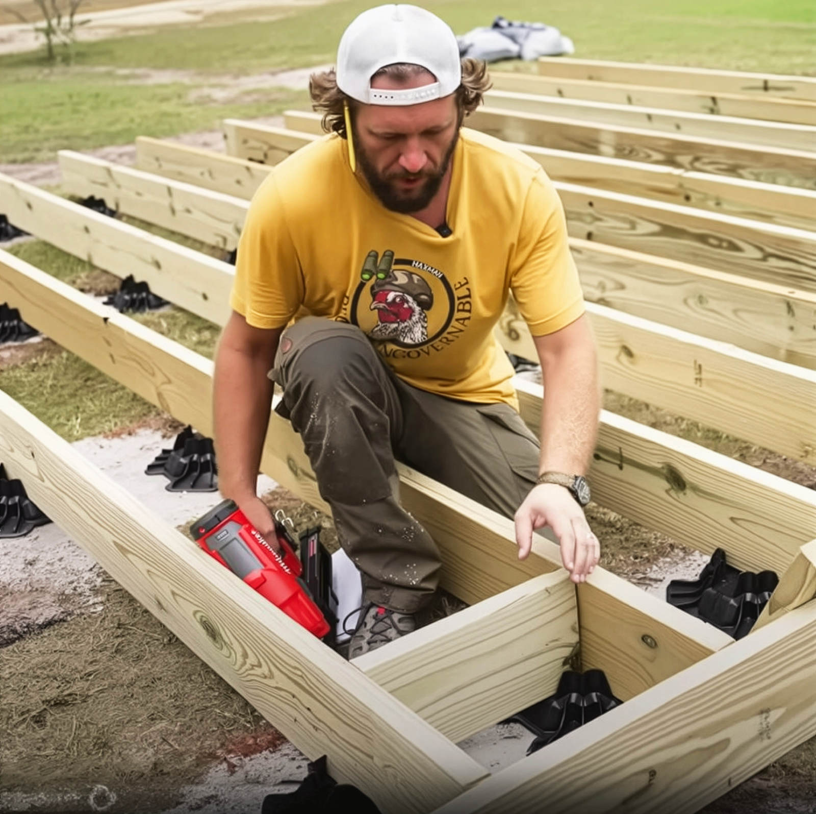 Man in yellow shirt and white cap working on wooden framing