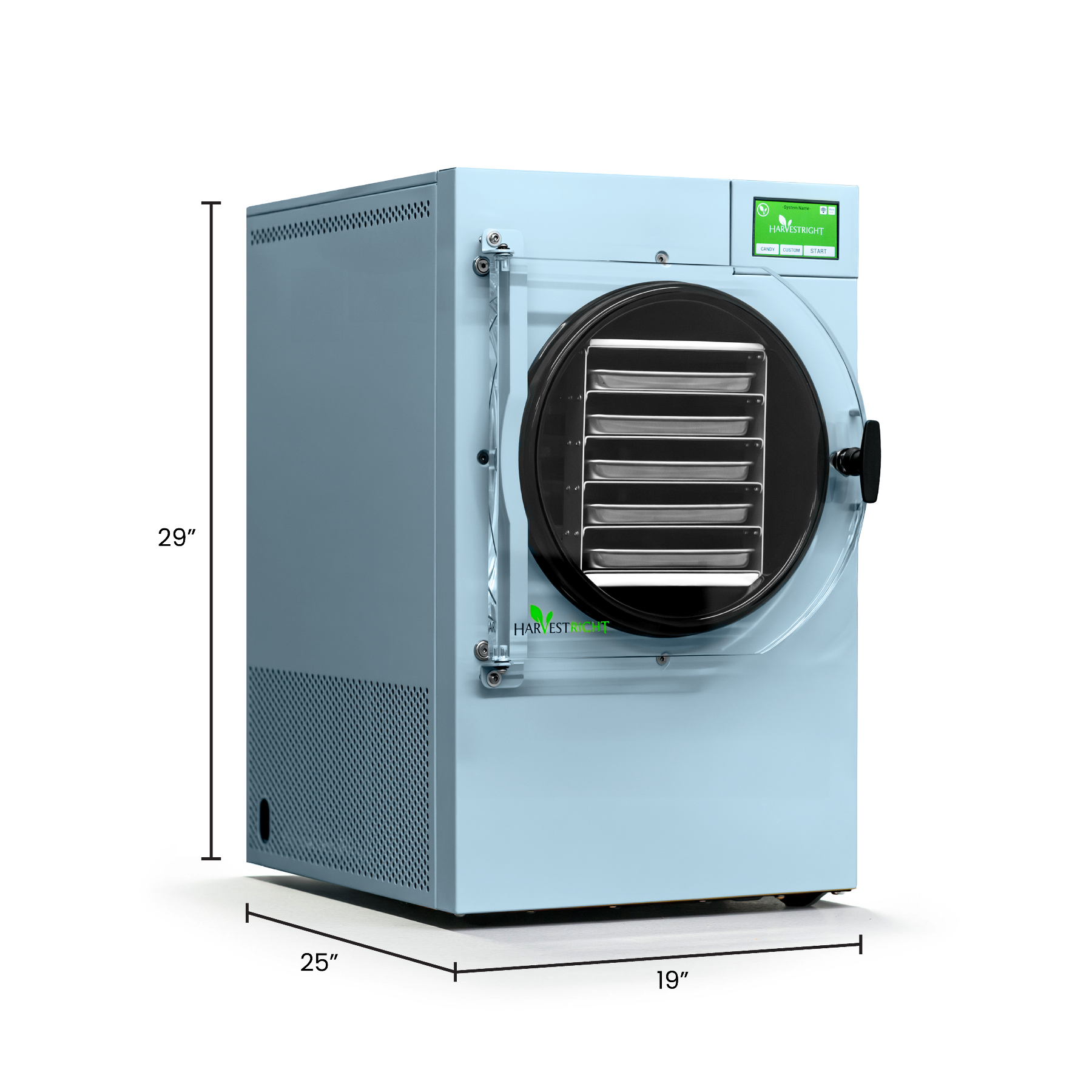 Blue industrial freeze dryer with dimensions indicated on a white background