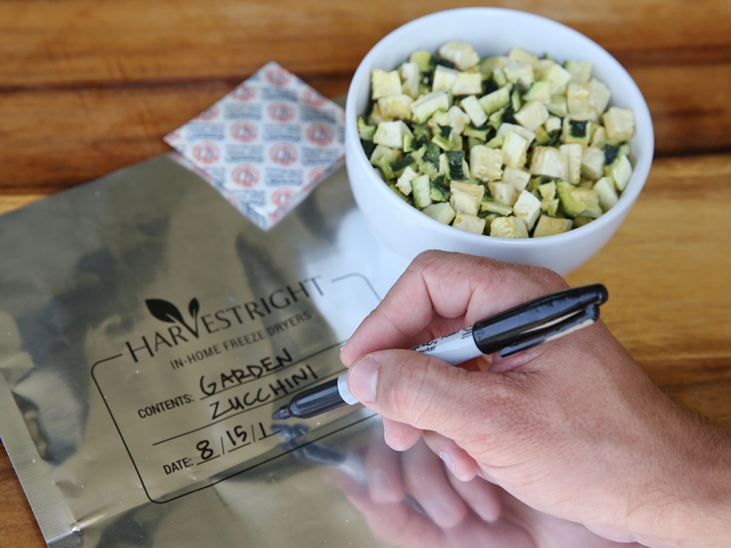 a hand writing on a mylar bag, an oxygen absorber, and a bowl of freeze dried zucchini