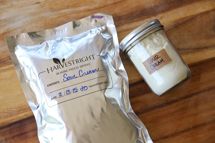 a mylar bag of freeze dried sour cream and a jar of freeze dried sour cream