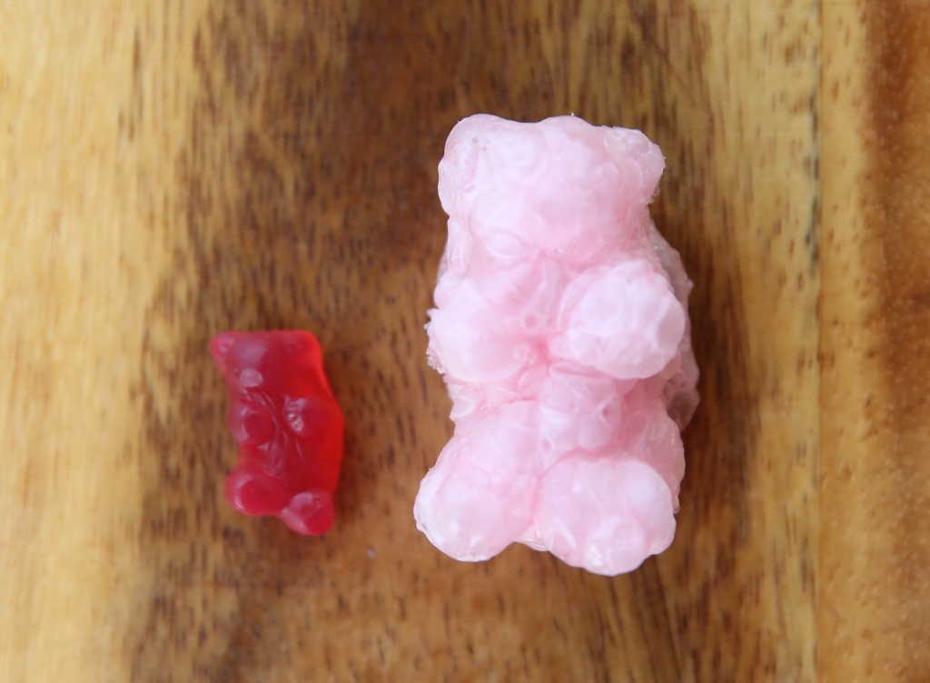 a gummy bear next to a freeze dried gummy bear