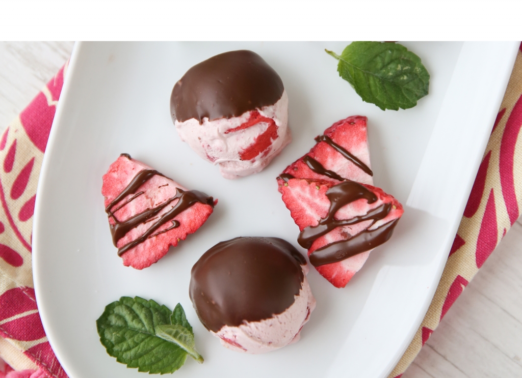 freeze dried chocolate dipped ice cream and strawberries
