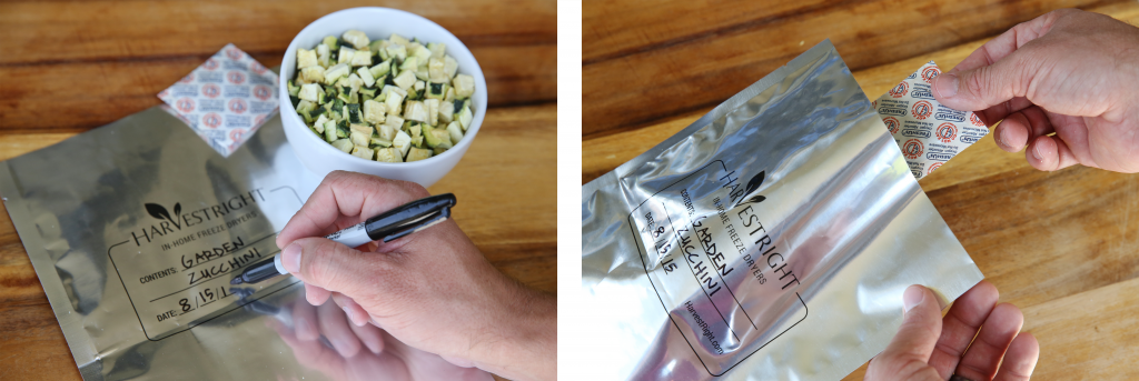zucchini in a bowl, a mylar bag being labeled, an oxygen absorber being put into a mylar bag