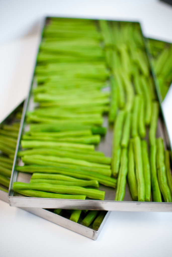 green beans on a freeze dryer tray