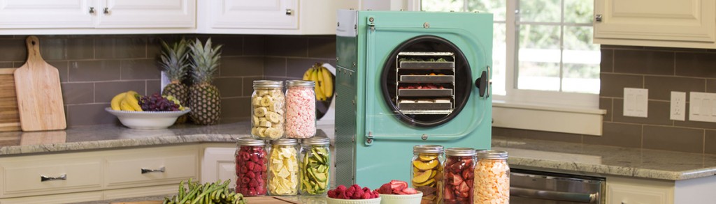 kitchen with an aqua blue freeze dryer surrounded by food