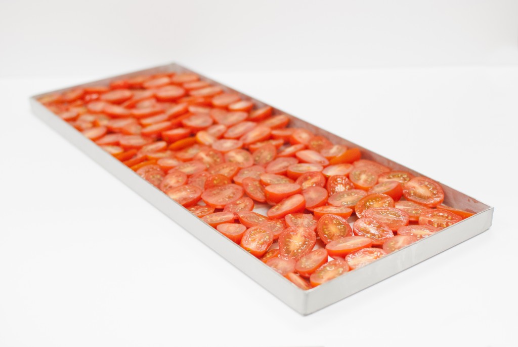 sliced tomatoes on a freeze dryer tray