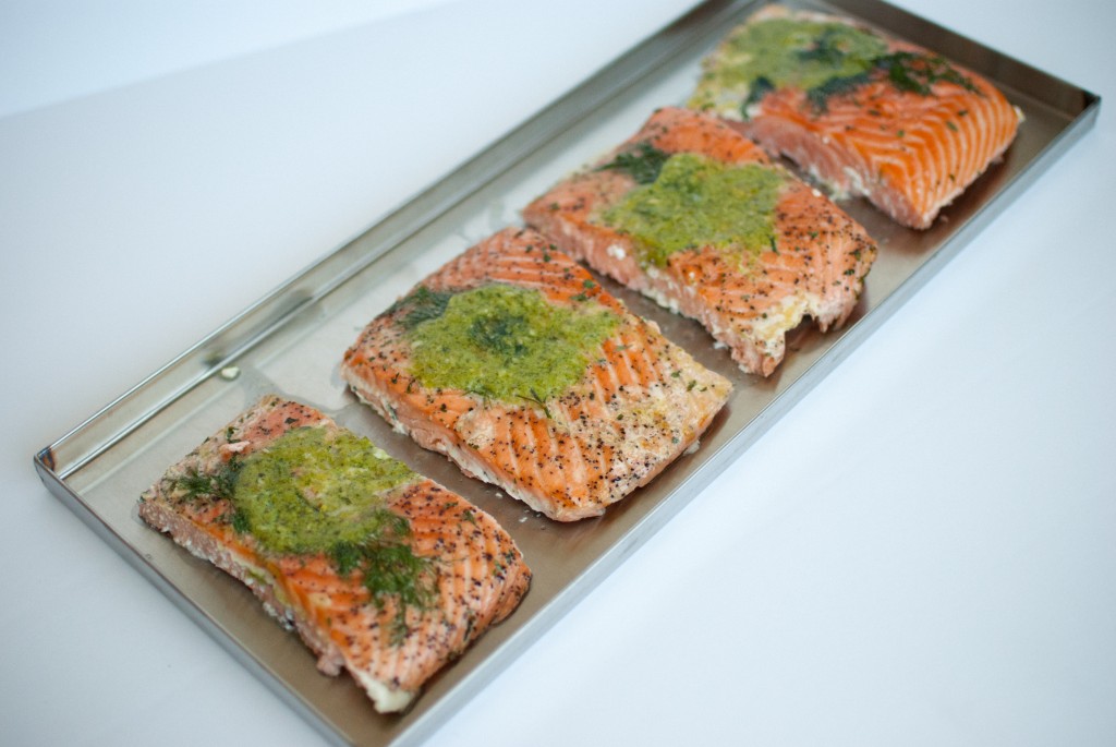 salmon fillets on a freeze dryer tray