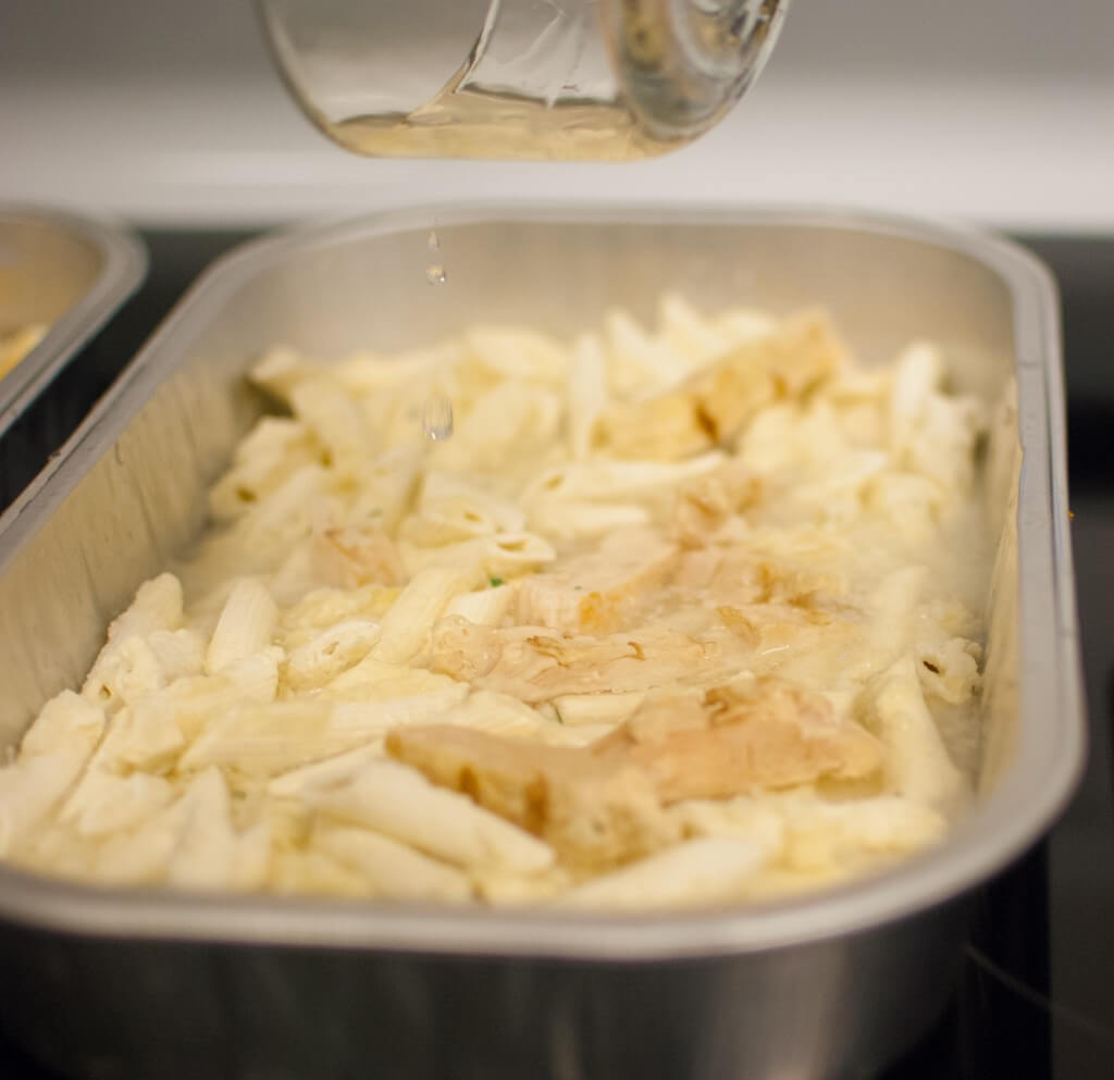 freeze-dried pasta alfredo in an oven safe container