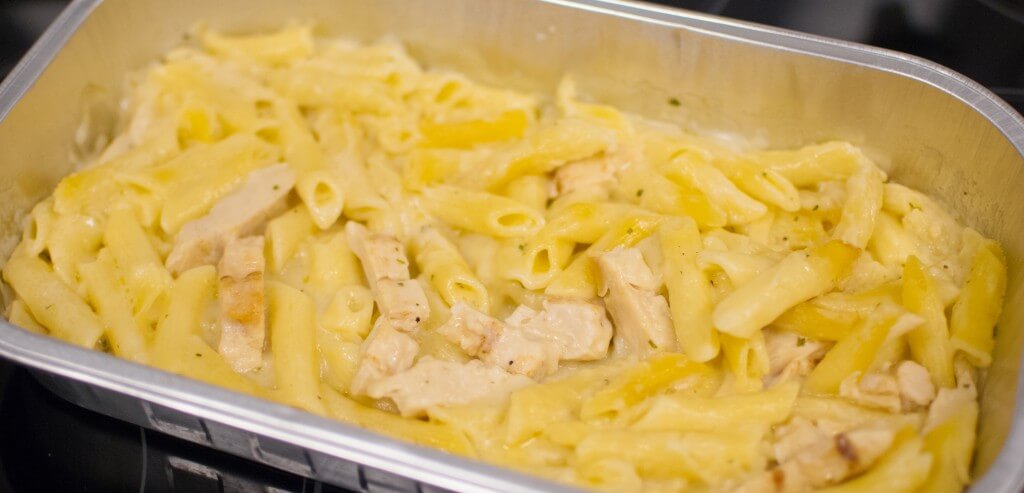 re-hydrated pasta in an aluminum tray