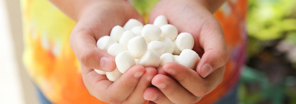 hands holding freeze dried marshmallows