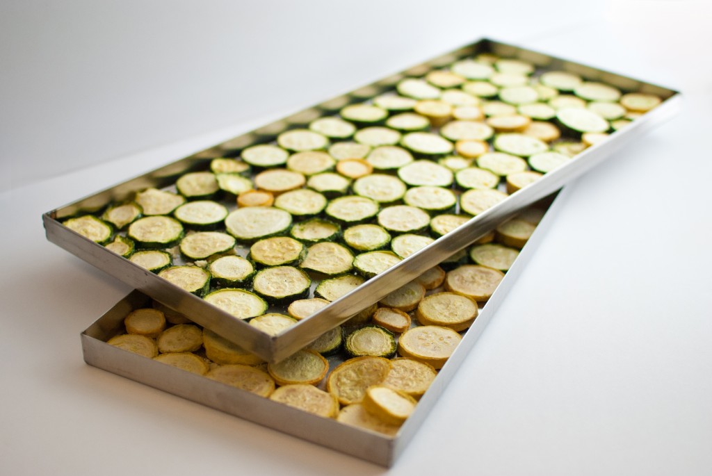 two trays of freeze dried zucchini and yellow squash