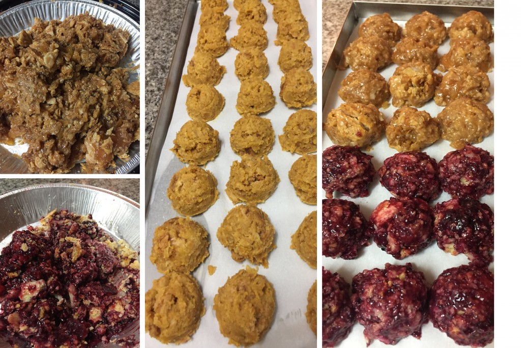 Mashed leftover pies, then formed into balls, and placed on freeze dryer trays