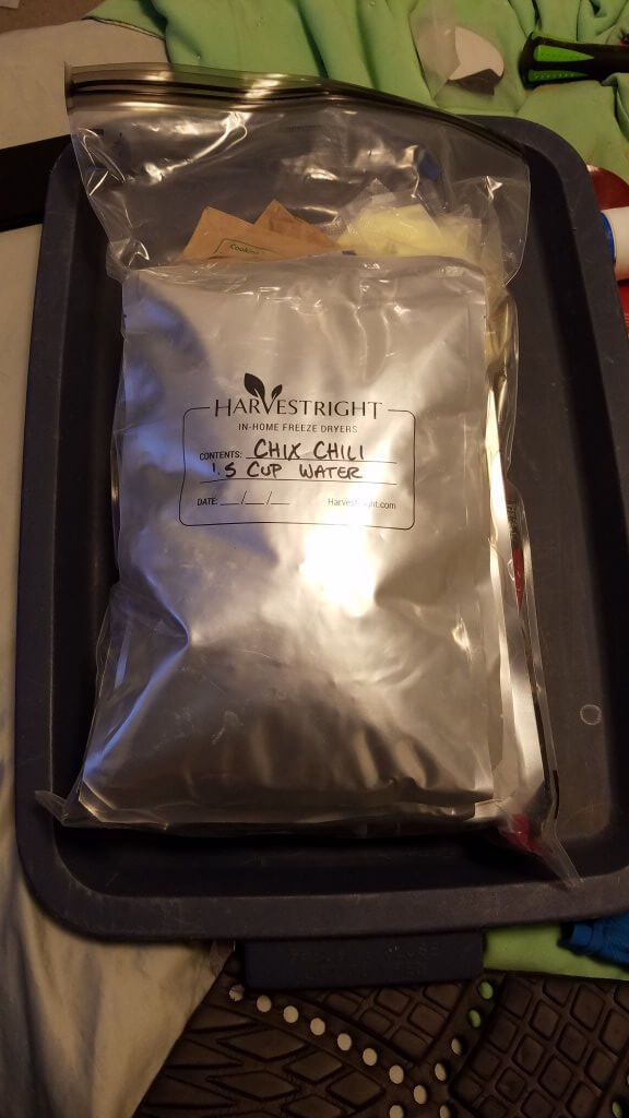a mylar bag of freeze dried chili