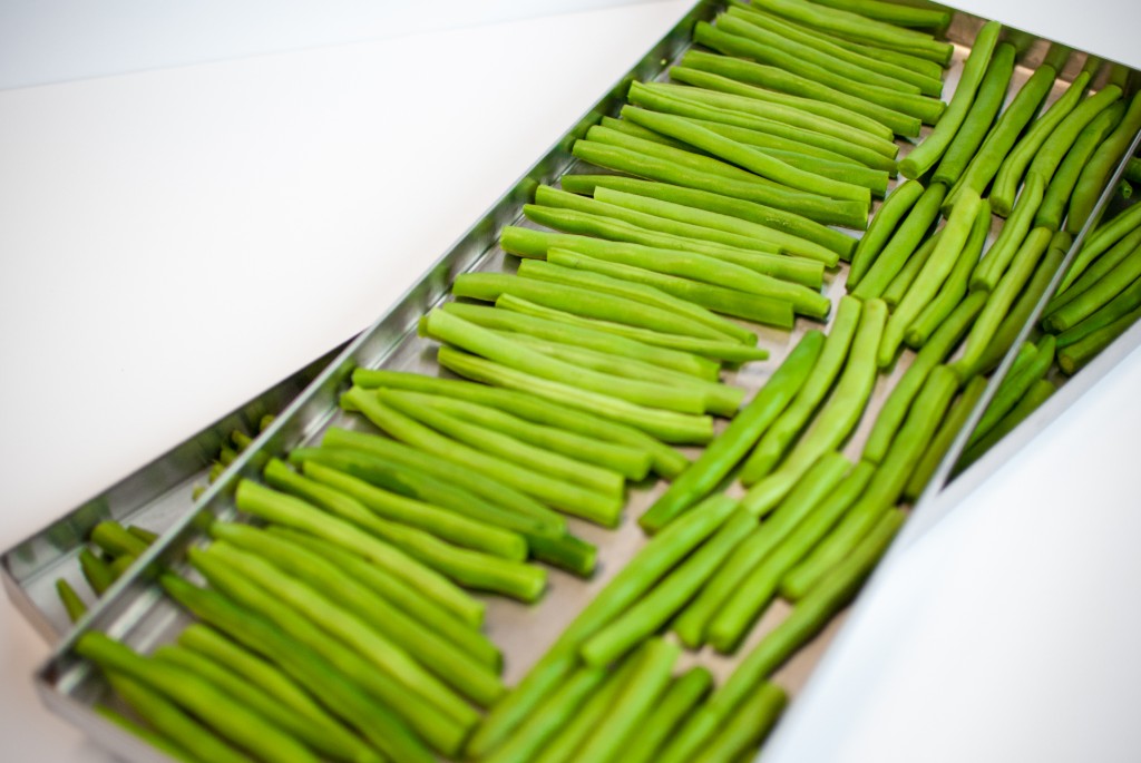 green beans on freeze dryer trays