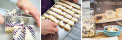 cheesecake being sliced, placed on a freeze dryer tray, and freeze dried cheesecake in a jar and a bowl