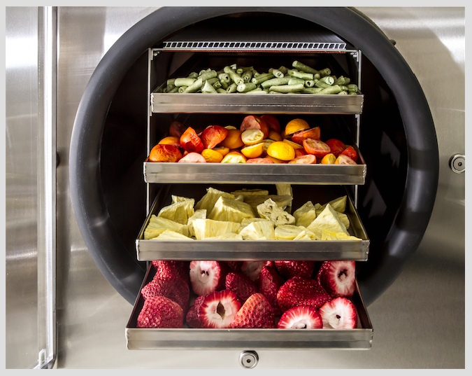 freeze dried food on trays in a stainless steel freeze dryer