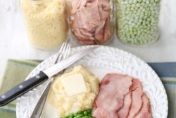 freeze dried mashed potatoes, ham, and peas in jars. A plate of that same food