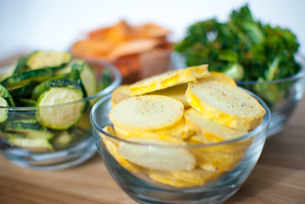 freeze dried Sweet potatoes, zucchini, kale, and yellow squash in bowls