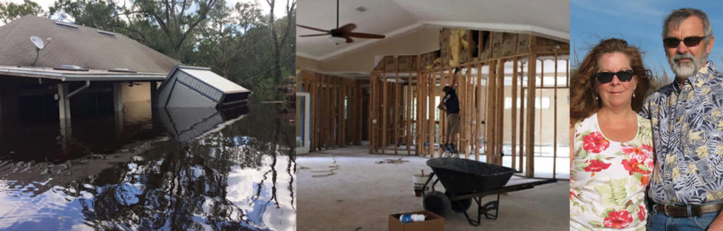 photo of a flooded house, a house with walls missing, and a woman and a man