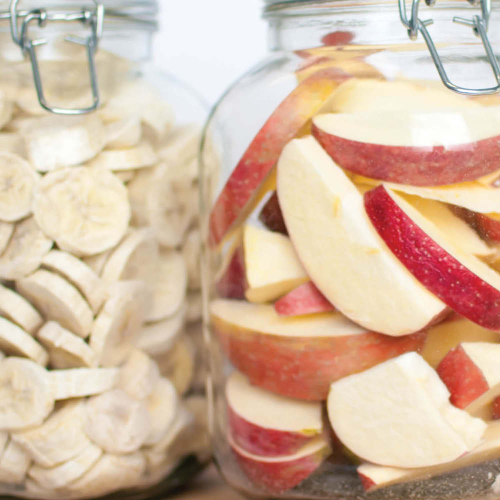 freeze dried bananas and apples in big jars