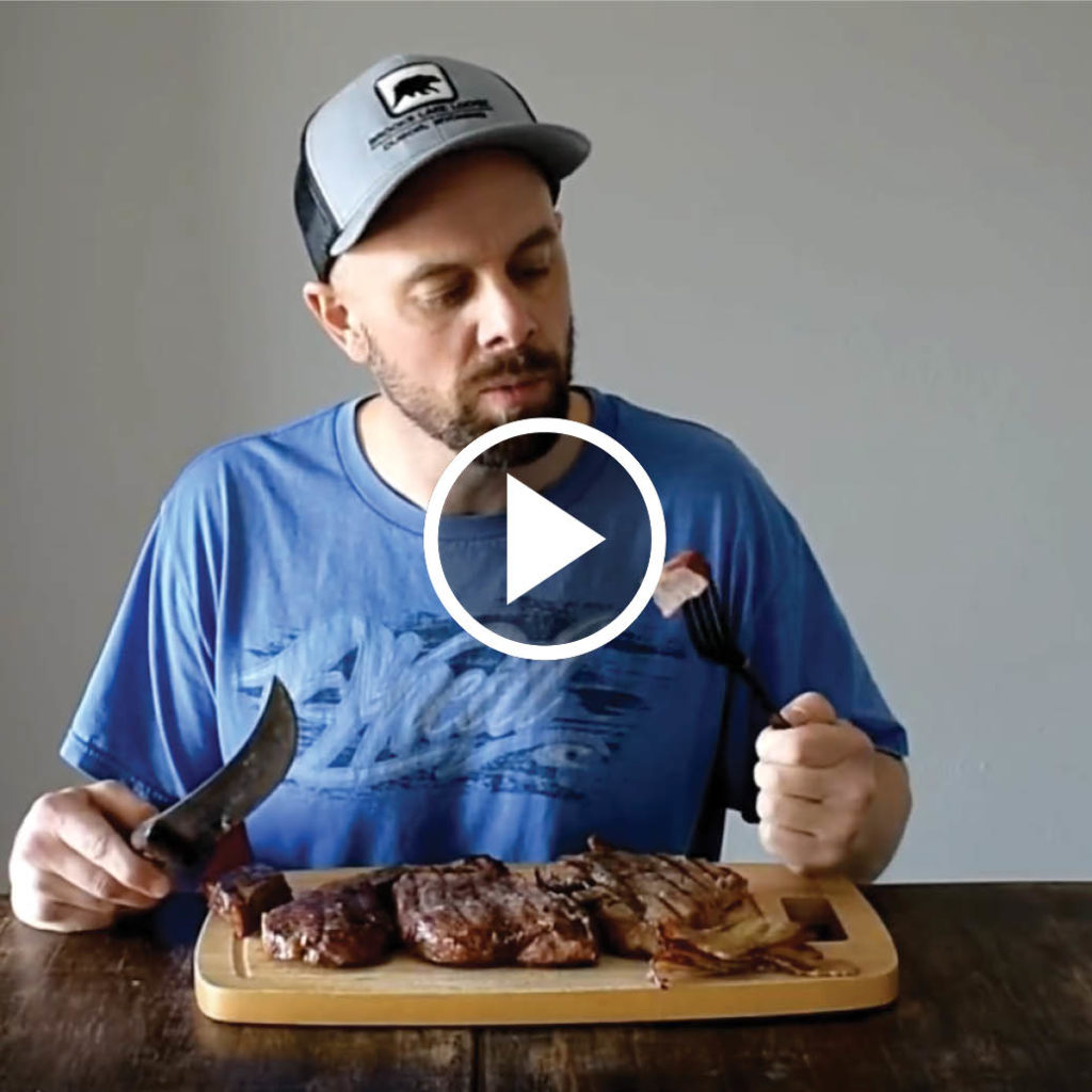 video thumbnail of a man about to eat some steaks