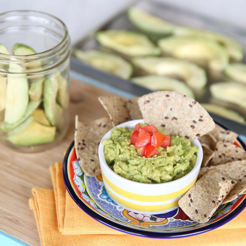 freeze dried avocados, chips and guacamole