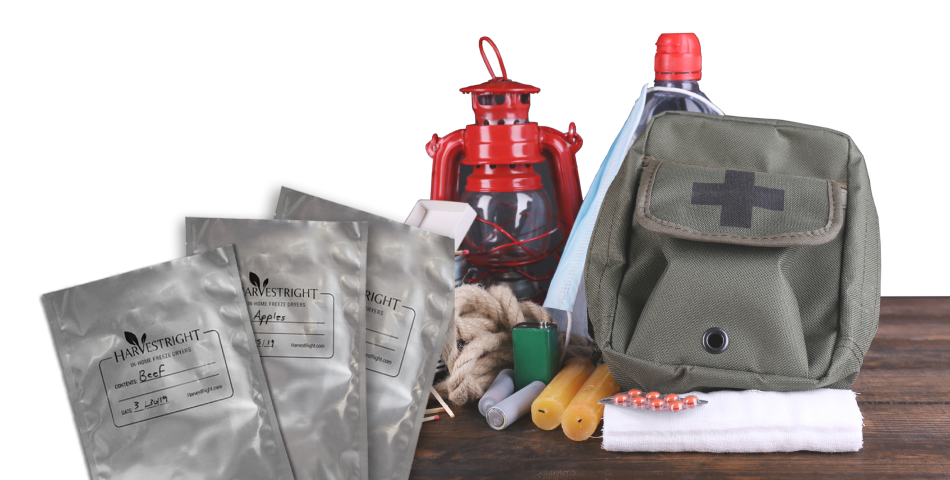 bags of harvest right freeze dried food and emergency gear