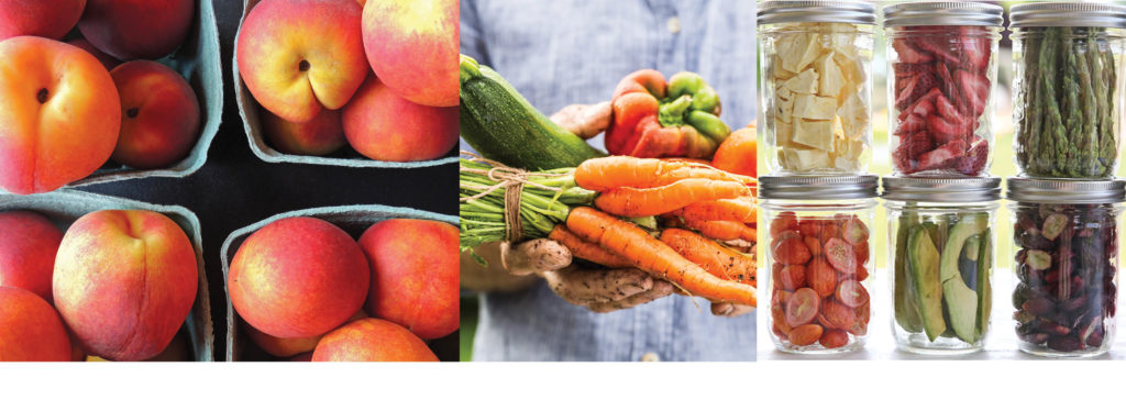 peaches, fresh picked vegetables, freeze dried food in jars