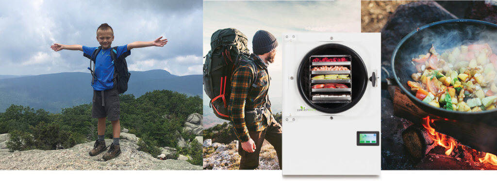 white freeze dryer with a background: a boy with hiking gear on, a back with a hiking backpack, food cooking over an open fire