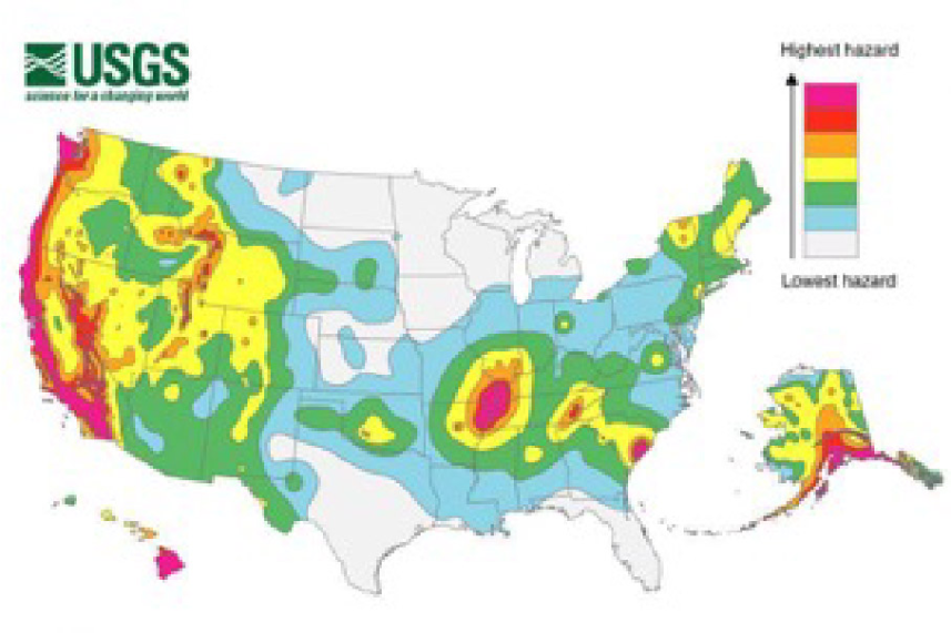 USGS map showing areas that are at risk for earthquakes