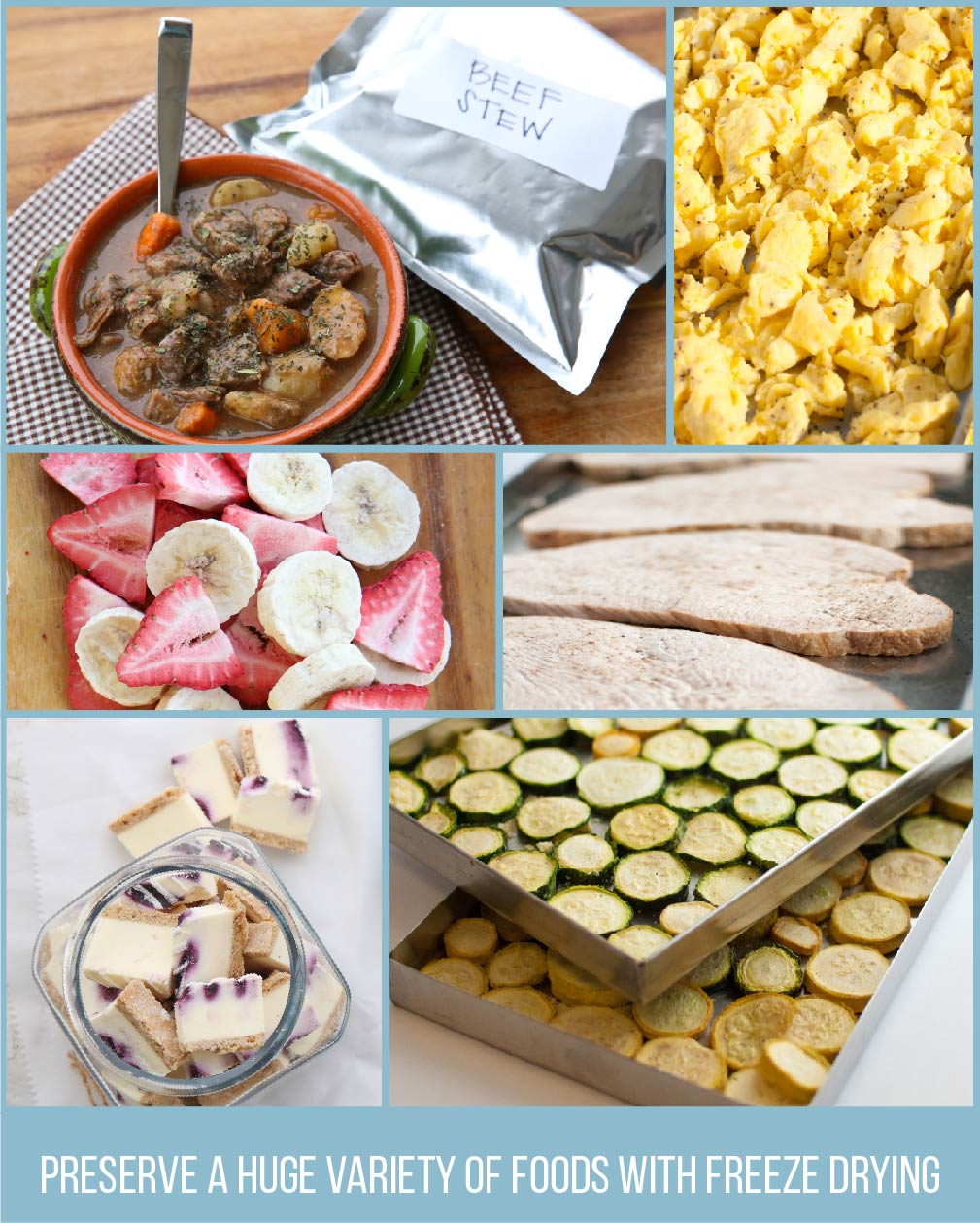 Various types of freeze dried food with the caption: Preserve a huge variety of foods with freeze drying