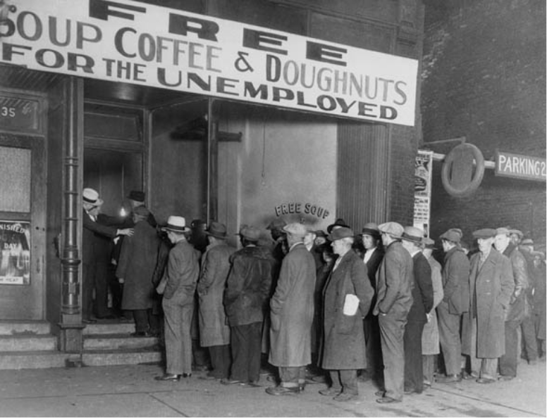 Black and white photo of people in line for free coffee and doughnuts during the great depression