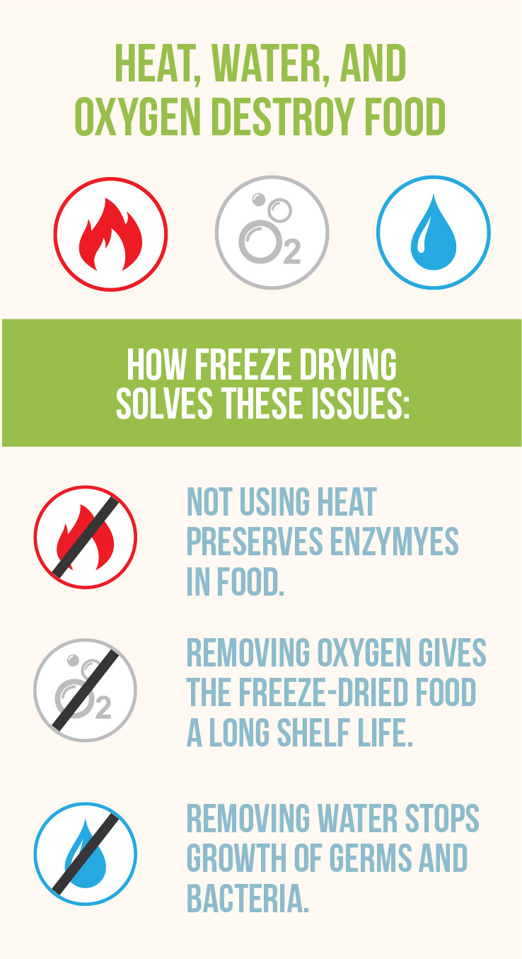 Heat, water, and oxygen destroy food. How freeze drying solves these issues: Not using heat preserves enzymes in food. removing oxygen gives the freeze-dried food a long shelf life. Removing water stops growth of germs and bacteria.