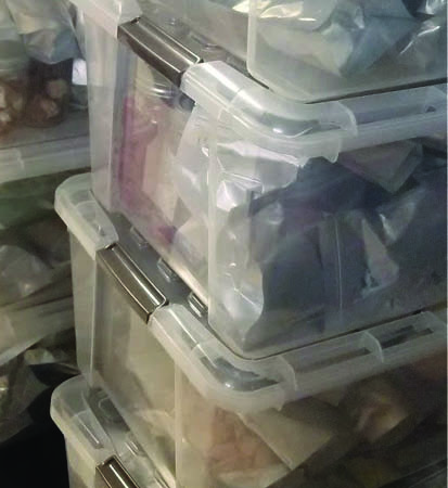 plastic bins of freeze dried food in mylar bags