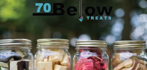 jars of freeze dried food and the logo for 70 Below Treats