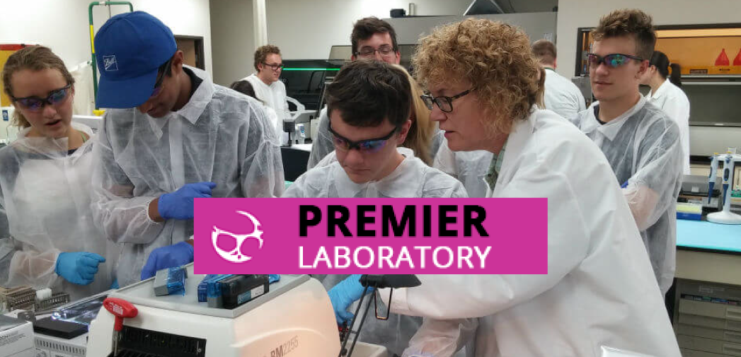 Scientists in a lab and the logo for Premier Laboratory