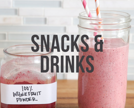 Snacks & Drinks. Red 100% whole fruit powder and a pink smoothie